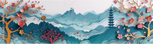 Traditional Asian landscape with mountains, pagodas, and cherry blossoms in a paper-cut style, emphasizing cultural heritage and beauty