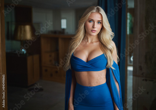 Preciosa chica rubia de ojos azules elegante con un vestido azul