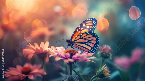 Monarch butterfly on a pink daisy-like flower. The background is a blurred garden with other flowers and plants.