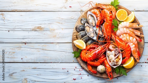 seafood platter with oysters, mussels and salmon on a white wooden background in a top view with copy space for text.