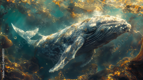 A humpback whale swims gracefully through a kelp forest, bathed in sunlight. Its sleek body and intricate markings are highlighted in the clear water.