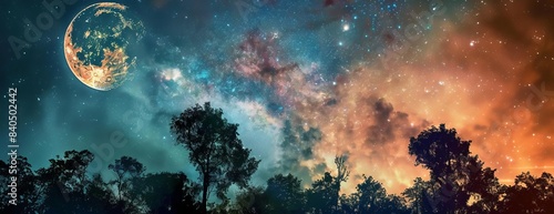 Side view of a beautiful night sky, vivid Milky Way galaxy, large moon, silhouetted trees, photorealistic detail, high contrast colors, serene atmosphere, star-studded backdrop