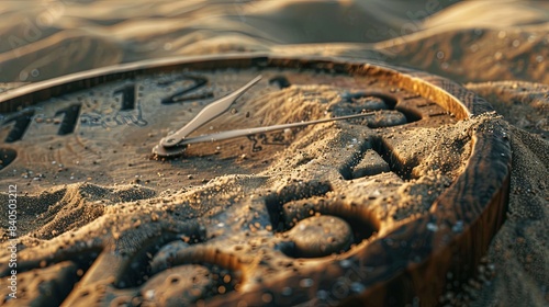 Sand dunes under the scorching sun,Closeup of an old clock face buried in the sand.Sand is falling from above to symbolize time passing. 