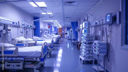 This is the interior of a modern hospital. The long hallway is lined with patient beds, each one equipped with the latest medical technology.
