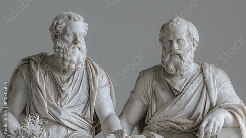 Two ancient Greek statues with detailed beards and robes, representing philosophers or scholars in a contemplative pose.