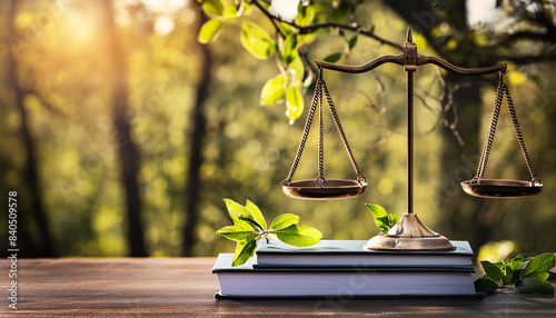 scales of justice on law books with tree branches, environmental law concept, copy space