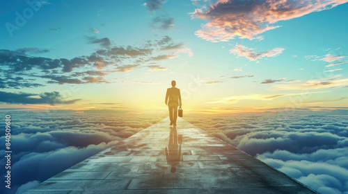 Conceptual businessman. Man of ideas, standing alone on a wooden path, contemplating the clouds, holding a briefcase, waiting for opportunity in solitude.