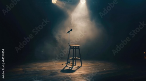 Empty stage with spotlights shining down on a single stool and microphone, setting the scene for a solo act