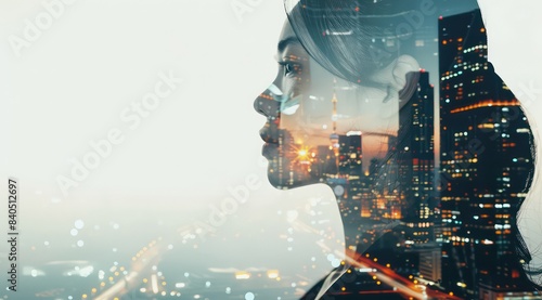 Businesswoman and cityscape blend in captivating double exposure