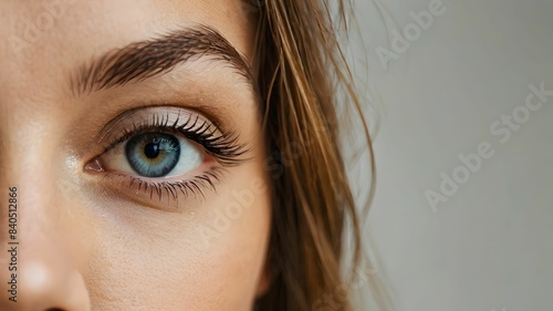 Extreme close-up woman's very beautiful female fascinating eyes looking at the camera, gorgeous blue eye makeup look