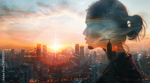 Businesswoman and cityscape blend in captivating double exposure