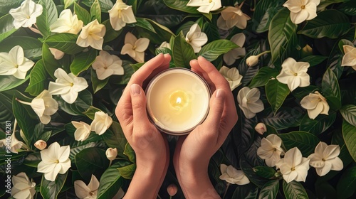 Hands holding a jasmine-scented candle surrounded by jasmine flowers, evoking a sense of relaxation and calm