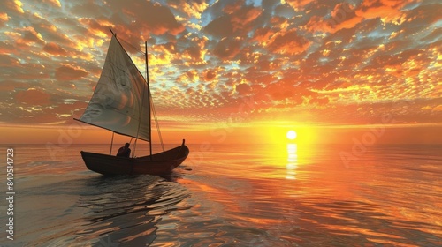 An adventurer on a boat sailing towards a golden sunrise, symbolizing the pursuit of dreams and new beginnings