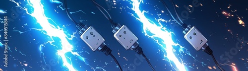 Three electrical plugs with lightning sparks in background, depicting energy, power, and electricity in a dynamic and futuristic setting.
