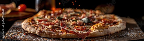 Delicious wood-fired pizza with pepperoni, mushrooms, and fresh basil on a rustic wooden board, perfect for any mealtime or culinary setting.