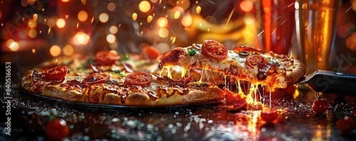 Delicious pepperoni pizza slice with melting cheese, taken in a festive atmosphere with drinks in the background.
