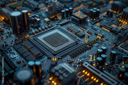 Top view of micro chips on a production line, computer engineering