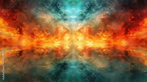 Divine Dichotomy: Contrasting Fiery Chaos and Heavenly Peace in Ethereal Digital Artwork