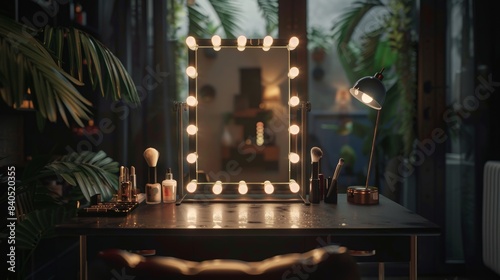 Lighting around the perimeter of the large mirror in the makeup room