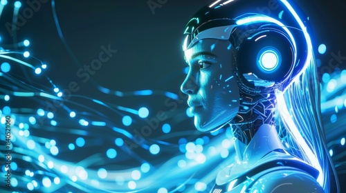 Robot with artificial intelligence controlling global communications. Robot using virtual hud interface. Satellite communication network and internet technology. Modern abstract future industrial
