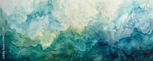 An abstract watercolor painting with a blend of blue and green hues, representing the ocean