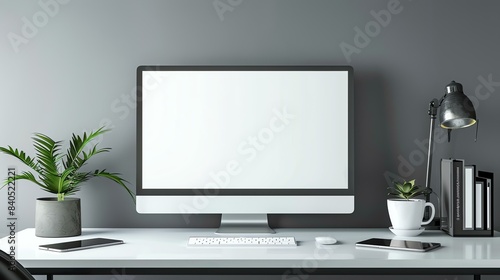 A desk with a computer, keyboard, mouse, and lamp on it. There is a plant on the left side of the desk and a coffee cup and books on the right side.