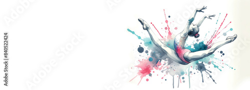 Illustration of a rhythmic gymnast in action on a colorful watercolor background. Sports concept, competition, healthy lifestyle. Suitable for sports events, gymnastics brands, and Olympic promotions.