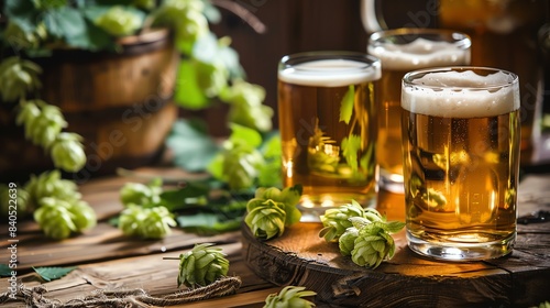 Fresh beer in a glass with green hops on a wooden table. The background is blurred.