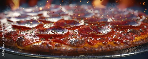 Close-up of a delicious pepperoni pizza with crispy crust, melted cheese, and sizzling pepperoni slices, fresh out of the oven.