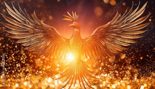 A majestic phoenix emerging from a blaze of flames, wings spread wide in a dramatic and powerful pose. The bright, fiery colors create an intense and awe-inspiring atmosphere. 