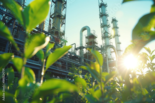 Safely generate green energy with an industrial factory and green plants, illuminated by sunlight, in the foreground. Sustainable development and environmental protection. Shallow depth of field