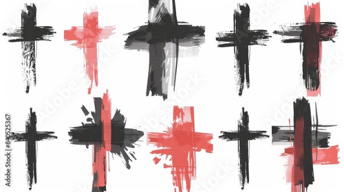 Grunge Christian cross with brush strokes, hand drawn. The cross symbolises faith and crucifixion in Jesus Christ. Modern set.