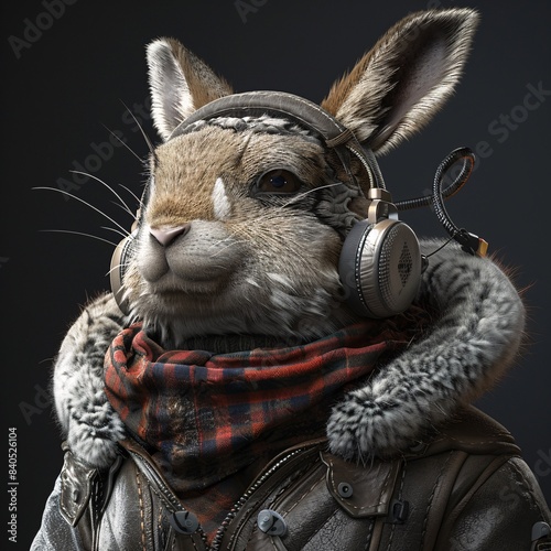 An elegant 3D render of a unique, realistic animal avatar wearing a fashionable winter ensemble, complete with a fur-lined coat and earmuffs. 