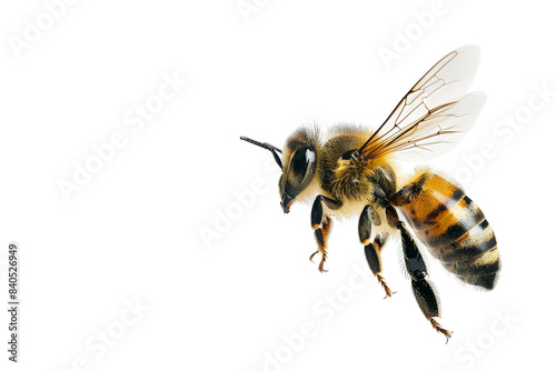 Close-up of a bee in flight with transparent wings extended. The bee is isolated on a transparent background.