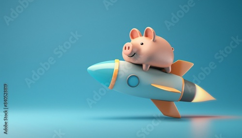 3D Illustration Piggy Bank sitting on the rocket represent Achieving Financial Goals