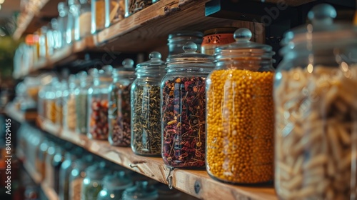 A close-up view of glass jars filled with various bulk foods, arranged on a wooden shelf