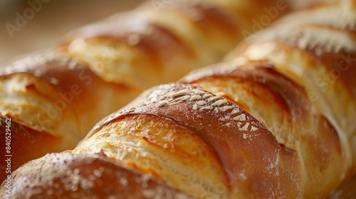 A close-up shot of freshly baked bread, showcasing its golden-brown crust and soft texture