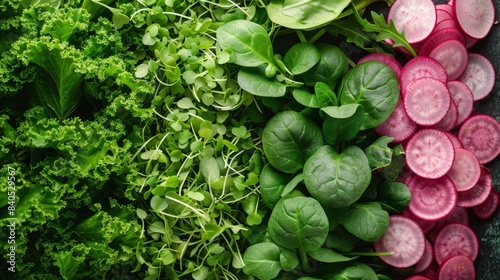 A close-up view of a vibrant arrangement featuring various microgreens, including arugula and radish, alongside thin slices of red radishes