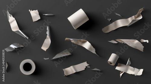 Photo of scotch tape set isolated on a black background. Gray and brown scotch tape, inaccurately pasted with torn ends. Sticky adhesive strips isolated on a dark background.