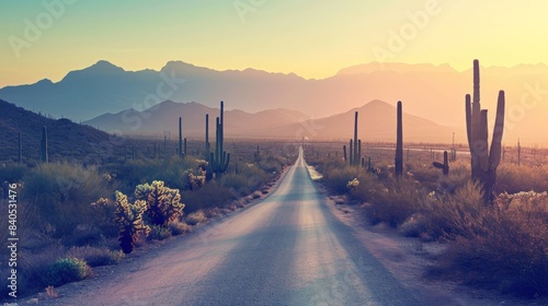 Sandy road through the desert with cacti