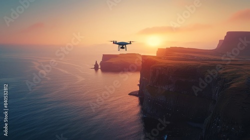 A drone captures breathtaking aerial views of rugged cliffs meeting the vast ocean during a vibrant sunset