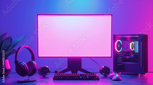 Stylish gaming desktop computer with neon LED light in the front. Mock up of an empty screen of gaming computer. Workplace.