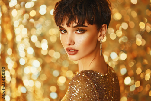 Luxury life concept. Close up portrait of young beautiful fashion model wearing golden dress over glitter background. Perfect arty make-up. Studio shot