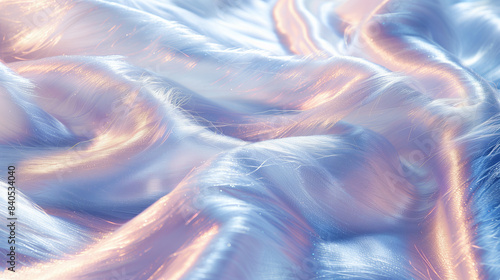 A high-resolution image of luxurious fur with a pearlescent texture, seen from directly overhead. The photo highlights the soft iridescence and subtle light reflection on the smooth surface.