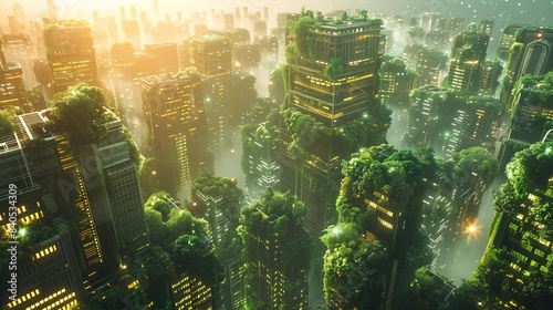 A city powered by holographic solar grids with clean air and lush green rooftops