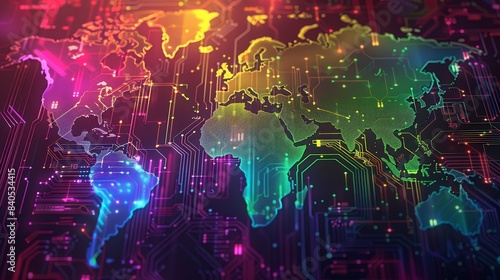 Technology conflict highlighted by geopolitics in semiconductor supply chains. Concept Technology, Semiconductor Supply Chains, Geopolitics, Integrated Circuits, Maps.