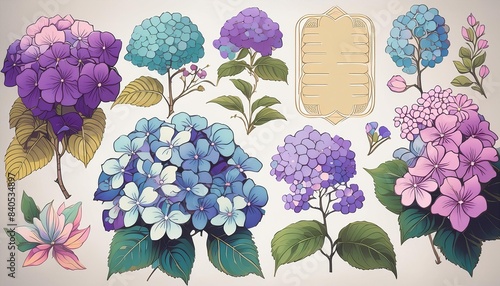 青、紫、ピンクの色合いで描かれた様々なアジサイの花を特徴とする詳細な植物イラストコレクション。各花は細かく描かれており、繊細な花びらと豊かな葉を際立たせている。エレガントなデザインが静けさと自然の美しさを醸し出している。 