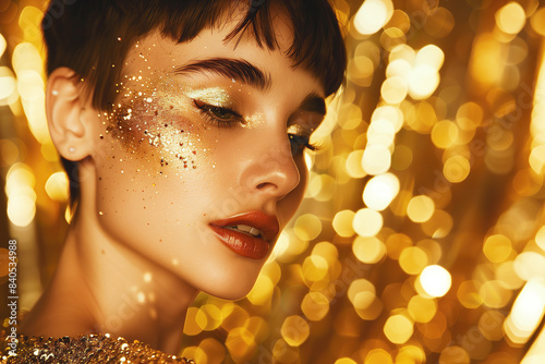 Luxury life concept. Close up profile portrait of young beautiful fashion model wearing golden dress over glitter background. Perfect arty make-up. Studio shot