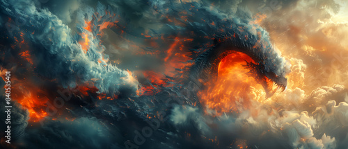 A dragon made of clouds and fire, surrounded by swirling misty smoke with dramatic lighting