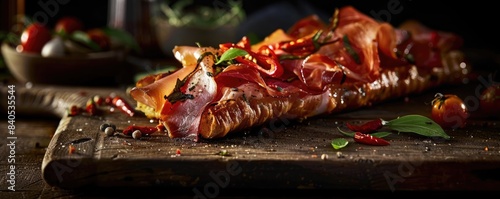 A delectable gourmet pizza topped with fresh prosciutto slices, garnished with basil leaves and chili peppers on a rustic wooden table.